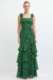 Eucalyptus Mermaid Square Neck Floral Tiered Long Bridesmaid Dress