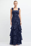 Eucalyptus Mermaid Square Neck Floral Tiered Long Bridesmaid Dress