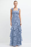 Eucalyptus Mermaid Square Neck Floral Tiered Long Bridesmaid Dress
