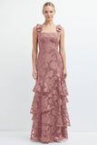 Eucalyptus Mermaid Square Neck Floral Tiered Long Bridesmaid Dress