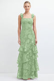 Eucalyptus Mermaid Square Neck Floral Tiered Long Bridesmaid Dress