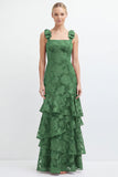 Eucalyptus Mermaid Square Neck Floral Tiered Long Bridesmaid Dress