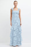 Eucalyptus Mermaid Square Neck Floral Tiered Long Bridesmaid Dress