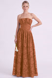 Strapless Espresso A-Line Floral Long Bridesmaid Dress with Ruffles