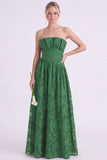 Strapless Espresso A-Line Floral Long Bridesmaid Dress with Ruffles