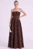 Strapless Espresso A-Line Floral Long Bridesmaid Dress with Ruffles
