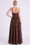 Strapless Espresso A-Line Floral Long Bridesmaid Dress with Ruffles