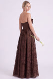 Strapless Espresso A-Line Floral Long Bridesmaid Dress with Ruffles