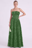 Strapless Espresso A-Line Floral Long Bridesmaid Dress with Ruffles