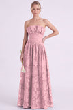 Strapless Espresso A-Line Floral Long Bridesmaid Dress with Ruffles