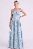 Strapless Espresso A-Line Floral Long Bridesmaid Dress with Ruffles