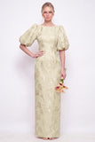Blush Pink Bodycon Round Neck Floral Puff Sleeves Long Bridesmaid Dress with Slit