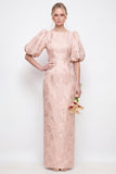Blush Pink Bodycon Round Neck Floral Puff Sleeves Long Bridesmaid Dress with Slit
