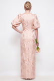 Blush Pink Bodycon Round Neck Floral Puff Sleeves Long Bridesmaid Dress with Slit
