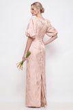 Blush Pink Bodycon Round Neck Floral Puff Sleeves Long Bridesmaid Dress with Slit