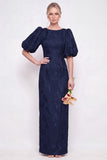 Blush Pink Bodycon Round Neck Floral Puff Sleeves Long Bridesmaid Dress with Slit