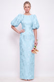 Blush Pink Bodycon Round Neck Floral Puff Sleeves Long Bridesmaid Dress with Slit