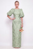 Blush Pink Bodycon Round Neck Floral Puff Sleeves Long Bridesmaid Dress with Slit