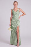 Mermaid Green V-Neck Floral Corset Ruched Long Bridesmaid Dress with Slit