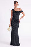 One Shoulder Dark Navy Mermaid Satin Ruched Floral Long Bridesmaid Dress
