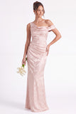 One Shoulder Dark Navy Mermaid Satin Ruched Floral Long Bridesmaid Dress