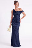 One Shoulder Dark Navy Mermaid Satin Ruched Floral Long Bridesmaid Dress