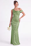 One Shoulder Dark Navy Mermaid Satin Ruched Floral Long Bridesmaid Dress
