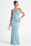 One Shoulder Dark Navy Mermaid Satin Ruched Floral Long Bridesmaid Dress