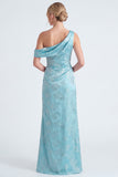 One Shoulder Dark Navy Mermaid Satin Ruched Floral Long Bridesmaid Dress