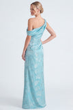 One Shoulder Dark Navy Mermaid Satin Ruched Floral Long Bridesmaid Dress