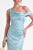 One Shoulder Dark Navy Mermaid Satin Ruched Floral Long Bridesmaid Dress