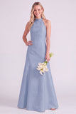 Light Blue Halter Neck A-Line Long Bridesmaid Dress