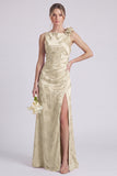 Sage Bateau Neck Mermaid Satin Backless Floral Long Bridesmaid Dress with Slit