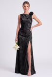Sage Bateau Neck Mermaid Satin Backless Floral Long Bridesmaid Dress with Slit