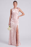 Sage Bateau Neck Mermaid Satin Backless Floral Long Bridesmaid Dress with Slit