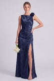 Sage Bateau Neck Mermaid Satin Backless Floral Long Bridesmaid Dress with Slit