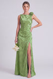 Sage Bateau Neck Mermaid Satin Backless Floral Long Bridesmaid Dress with Slit