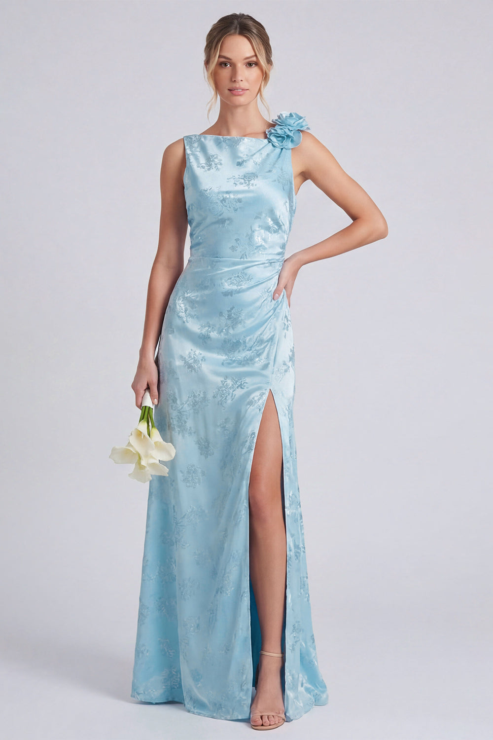 ZAPAKA Women Sage Long Bridesmaid Dress with Slit Mermaid Bateau Neck Satin Backless Floral Wedding Guest Dress, Light Blue / US26W