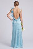 Sage Bateau Neck Mermaid Satin Backless Floral Long Bridesmaid Dress with Slit