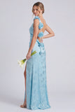 Sage Bateau Neck Mermaid Satin Backless Floral Long Bridesmaid Dress with Slit