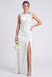 Sage Bateau Neck Mermaid Satin Backless Floral Long Bridesmaid Dress with Slit