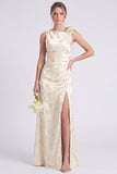 Sage Bateau Neck Mermaid Satin Backless Floral Long Bridesmaid Dress with Slit