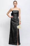 Green Strapless Sheath Satin Floral Long Bridesmaid Dress with Slit