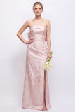 Green Strapless Sheath Satin Floral Long Bridesmaid Dress with Slit