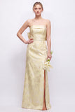 Green Strapless Sheath Satin Floral Long Bridesmaid Dress with Slit