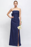 Green Strapless Sheath Satin Floral Long Bridesmaid Dress with Slit