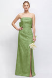 Green Strapless Sheath Satin Floral Long Bridesmaid Dress with Slit