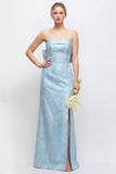 Green Strapless Sheath Satin Floral Long Bridesmaid Dress with Slit