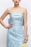 Green Strapless Sheath Satin Floral Long Bridesmaid Dress with Slit