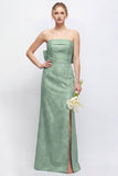 Green Strapless Sheath Satin Floral Long Bridesmaid Dress with Slit